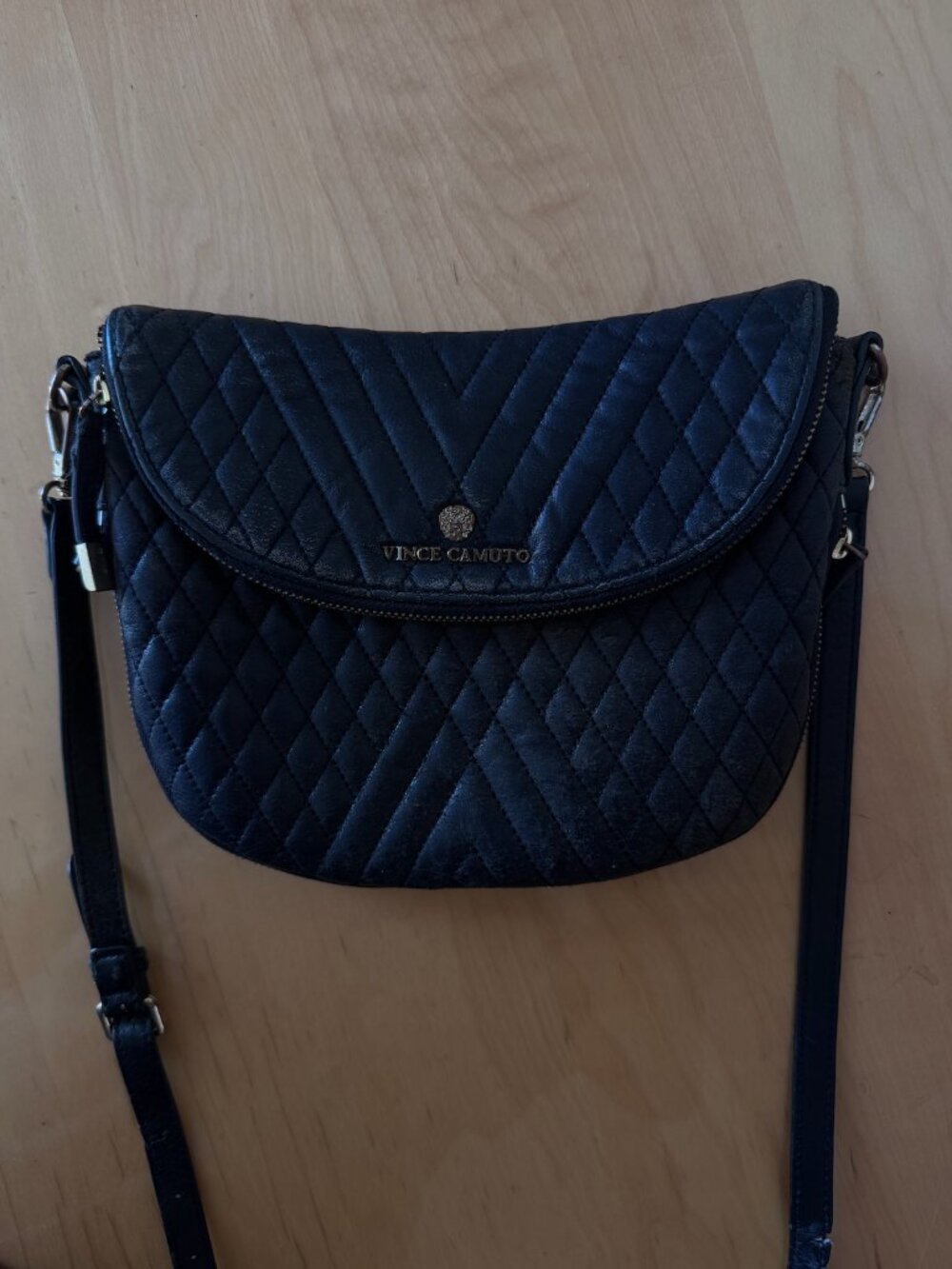 Vintage Vince Camuto Black Quilted Leather Crescent Shaped Crossbody Bag